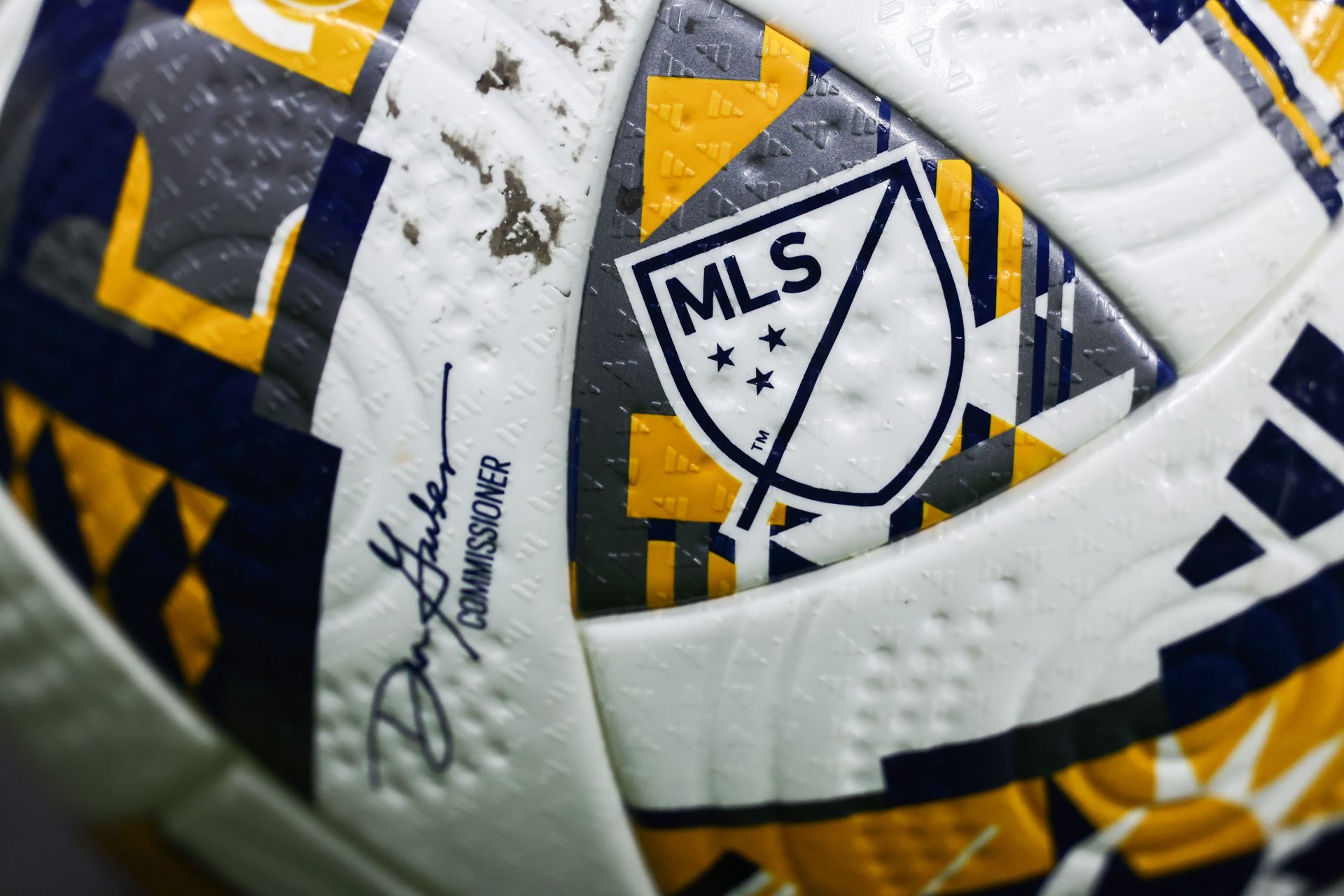 Sep 18, 2024; Nashville, Tennessee, USA; General view of the MLS logo on the side of a match ball in the match between Nashville SC and Chicago Fire at Geodis Park.