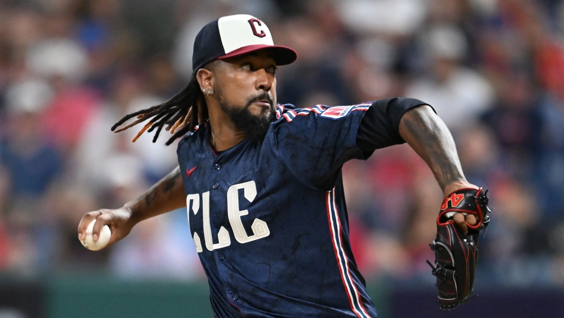 Jul 18, 2025; Cleveland, Ohio, USA; Cleveland Guardians pitcher Emmanuel Clase (48) throws a pitch during the ninth inning against the Athletics at Progressive Field.