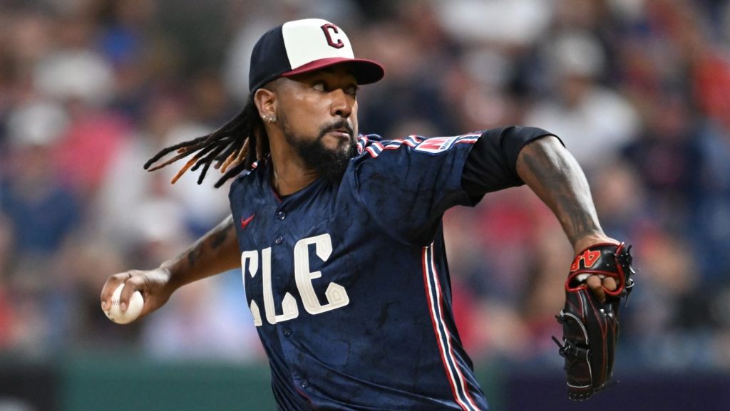Jul 18, 2025; Cleveland, Ohio, USA; Cleveland Guardians pitcher Emmanuel Clase (48) throws a pitch during the ninth inning against the Athletics at Progressive Field.