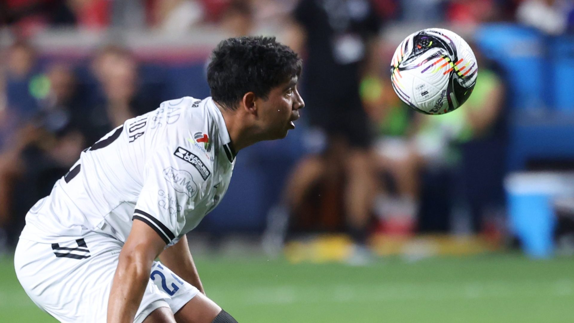 Aug 6, 2025; Sandy, UT, USA; Queretaro defender Edson Partida (22) watches the ball during the second half of the game against Real Salt Lake at America First Field