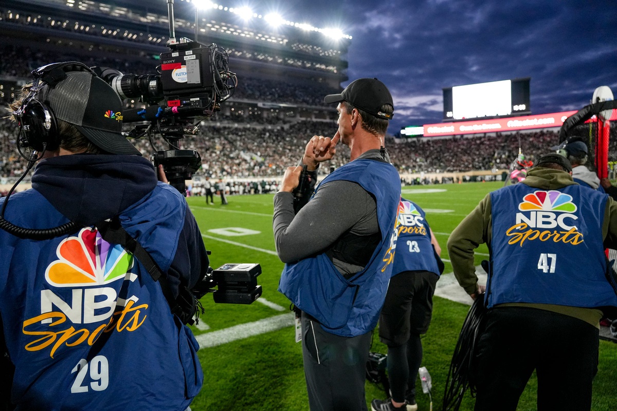 The NBC Sports broadcast team works Michigan State's football game against Boston College on Saturday, Sept. 6, 2025, at Spartan Stadium in East Lansing.