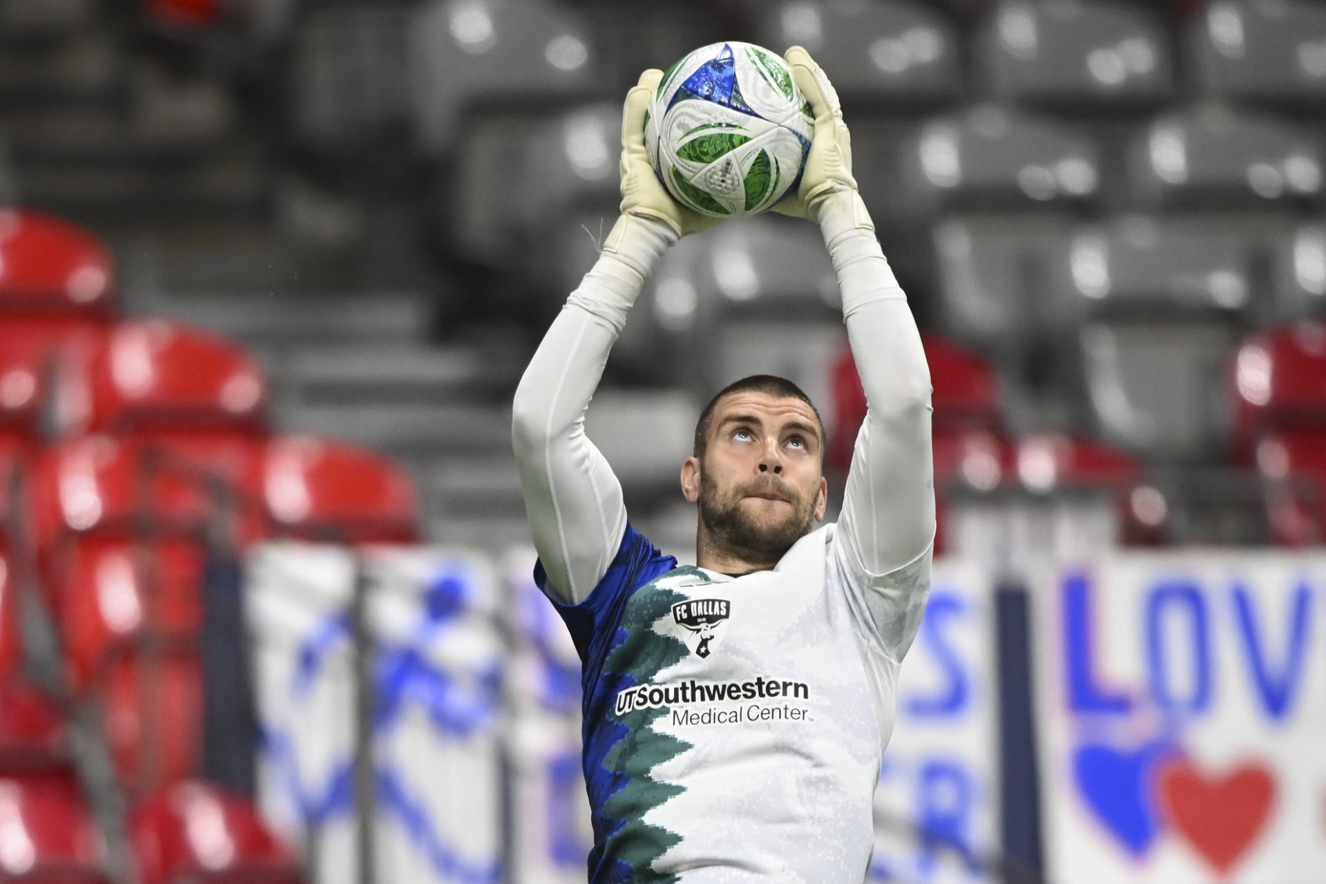 Oct 18, 2025; Vancouver, British Columbia, CAN; FC Dallas goalkeeper Maarten Paes (1) warms up prior to the first half against Vancouver Whitecaps FC at BC Place.