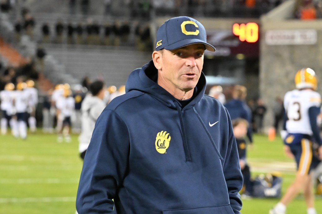 Oct 24, 2025; Blacksburg, Virginia, USA; California Golden Bears head coach Justin Wilcox before the game at Lane Stadium.