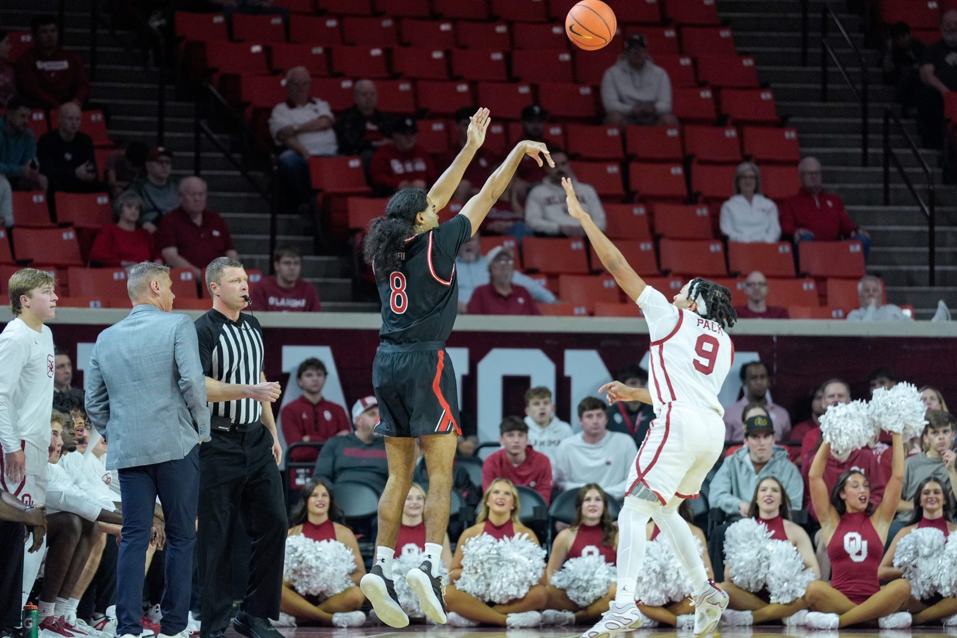 Saint Francis guard Skylar Wicks (8) shoots a 3-pointer in the first half during an NCAA Men’s basketball game between the Oklahoma Sooners and the Saint Francis Red Flash at Lloyd Noble Center in Norman, Okla., on Monday, Nov. 3, 2025.