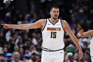 Nov 5, 2025; Denver, Colorado, USA; Denver Nuggets center Nikola Jokic (15) during the first quarter against the Miami Heat at Ball Arena.