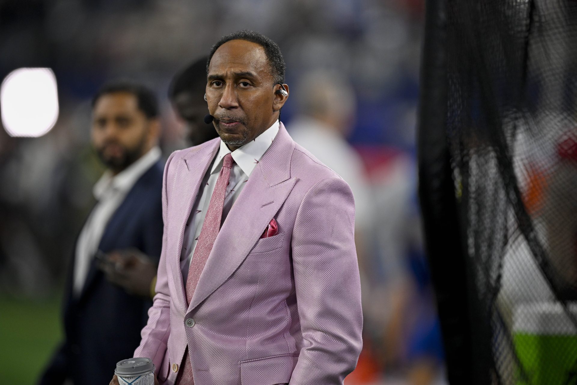 Nov 3, 2025; Arlington, Texas, USA; ESPN commentator Stephen A. Smith looks on before the game between the Dallas Cowboys and the Arizona Cardinals at AT&T Stadium.