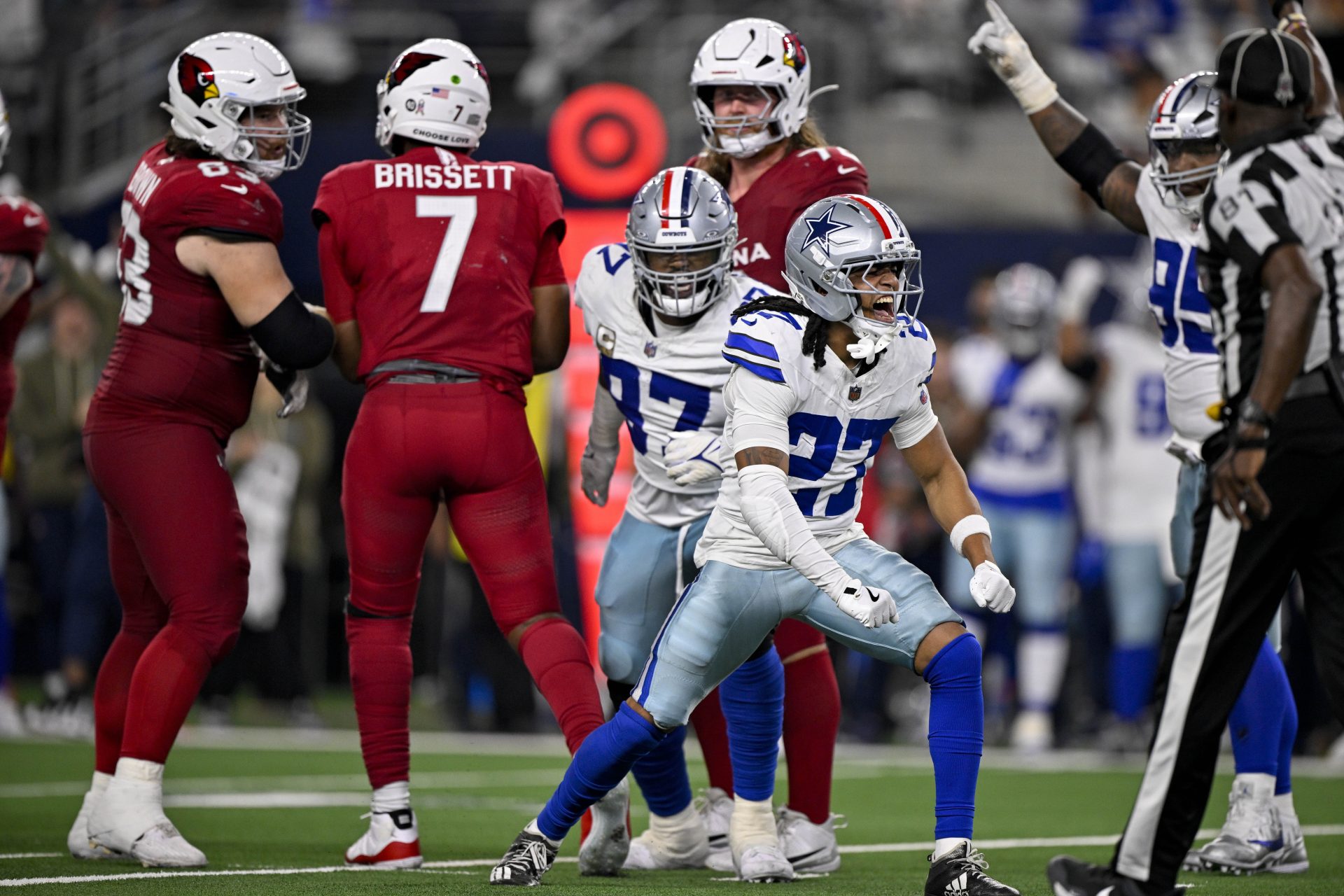 Nov 3, 2025; Arlington, Texas, USA; Dallas Cowboys cornerback Shavon Revel Jr. (27) celebrates during the game between the Dallas Cowboys and the Arizona Cardinals at AT&T Stadium.