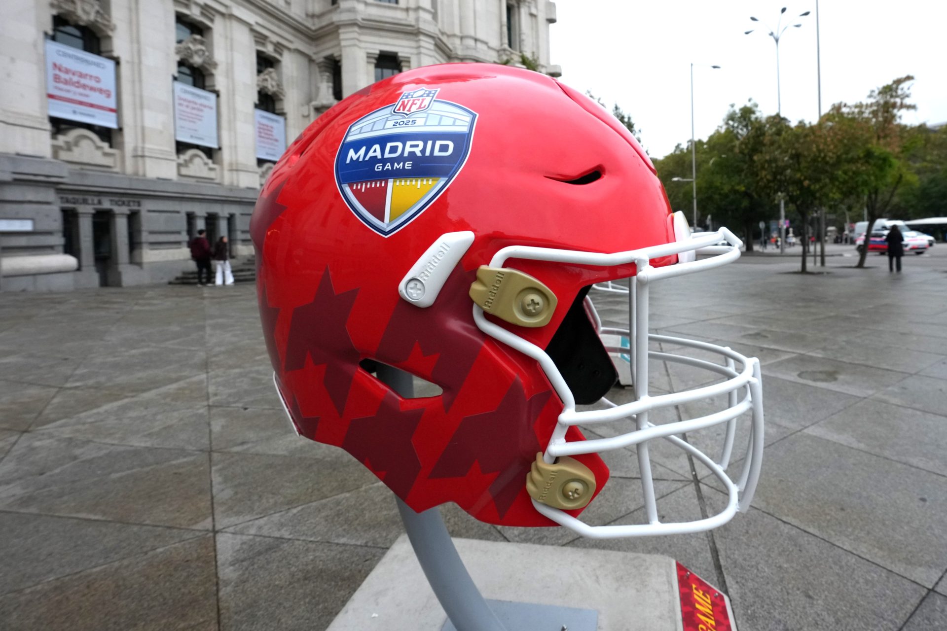 Nov 13, 2025; Madrid, Spain; A large helmet with the 2025 NFL Madrid Game logo at the Palacio de Cibellas.