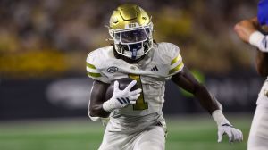 Nov 22, 2025; Atlanta, Georgia, USA; Georgia Tech Yellow Jackets running back Jamal Haynes (1) runs the ball against the Pittsburgh Panthers in the second quarter at Bobby Dodd Stadium at Hyundai Field