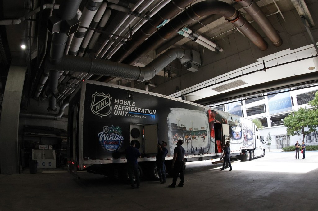 MIAMI, FLORIDA - DECEMBER 17: The Mobile Refrigeration Unit arrives for 2026 Discover NHL Winter Classic - Rink Build Out at LoanDepot Park on December 17, 2025 in Miami, Florida
