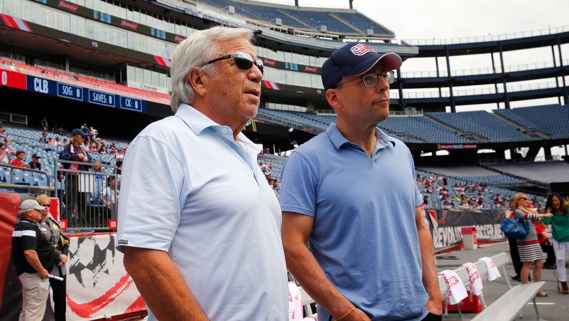 May 21, 2017; Foxborough, MA, USA; New England Revolution owners Robert Kraft (left) and Jonathan Kraft look on before the game between the New England Revolution and the Columbus Crew at Gillette Stadium.