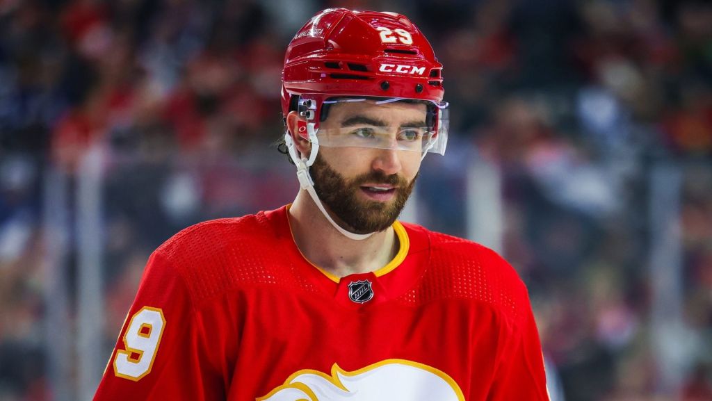 Jan 18, 2024; Calgary, Alberta, CAN; Calgary Flames center Dillon Dube (29) against the Toronto Maple Leafs during the first period at Scotiabank Saddledome.