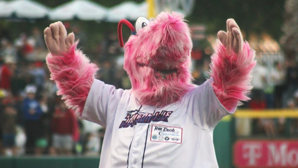 Jacksonville Jumbo Shrimp mascot Scampi waves to fans during Opening Day baseball against the Gwinnett Stripers on March 29, 2024.