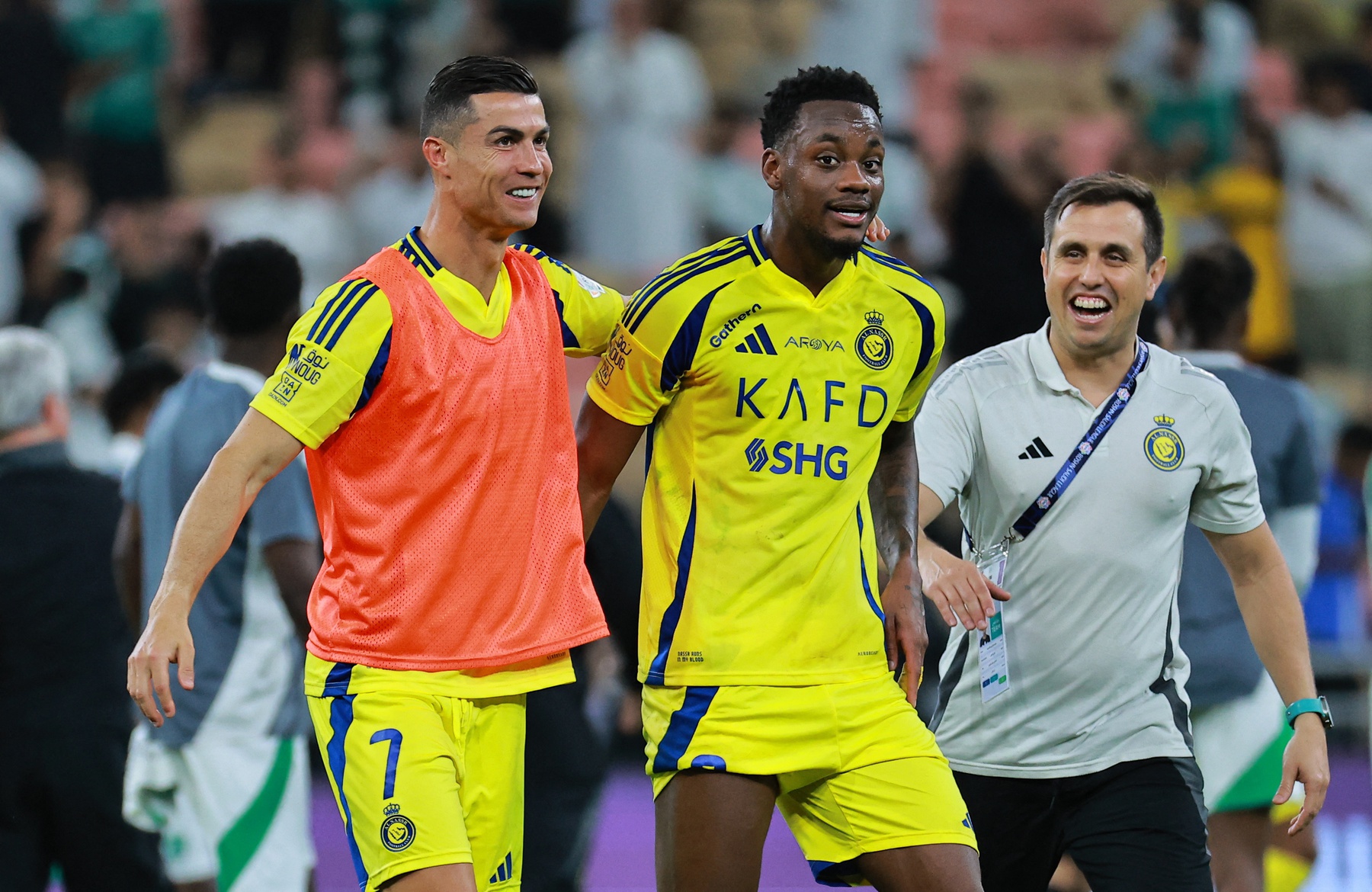 [US, Mexico & Canada customers only] Feb 13, 2024; Jeddah, Saudi Arabia; Al Nassr players Jhon Duran and Cristiano Ronaldo celebrate after a Saudi Pro League soccer match at King Abdullah Sports City.