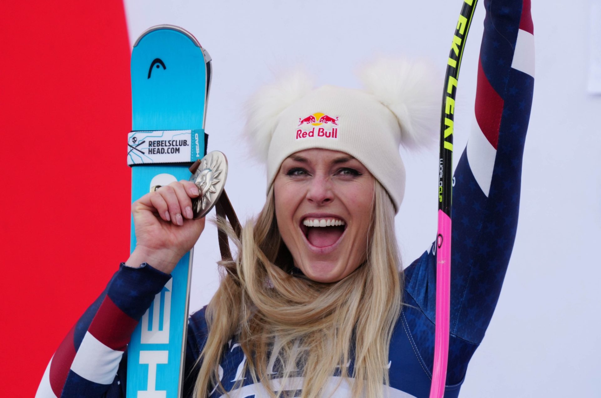 Mar 23, 2025; Sun Valley, ID, USA; Lindsey Vonn of the United States celebrates on the podium after her second place finish in the Super G alpine skiing race in the 2025 FIS Ski World Cup at Sun Valley.