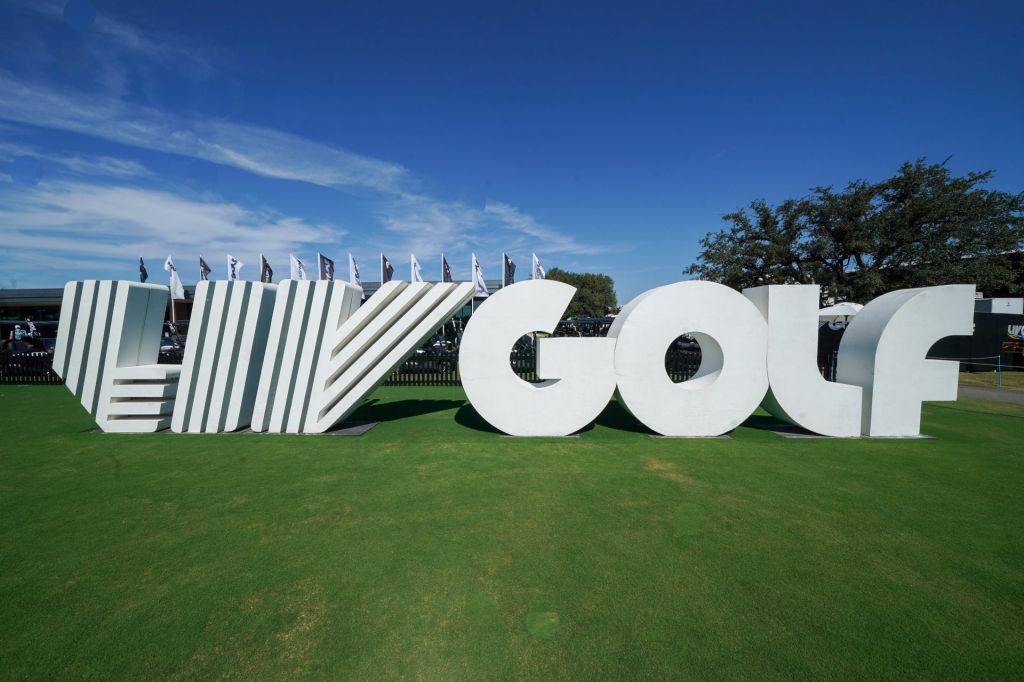 Jun 28, 2025; Carrollton, Texas, USA; The LIV Golf logo near the first tee during the second round of the LIV Golf Dallas golf tournament at Maridoe Golf Club.