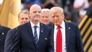 Jul 13, 2025; East Rutherford, New Jersey, USA; U.S. President Donald Trump and FIFA president Gianni Infantino on stage during the final of the 2025 FIFA Club World Cup at MetLife Stadium.