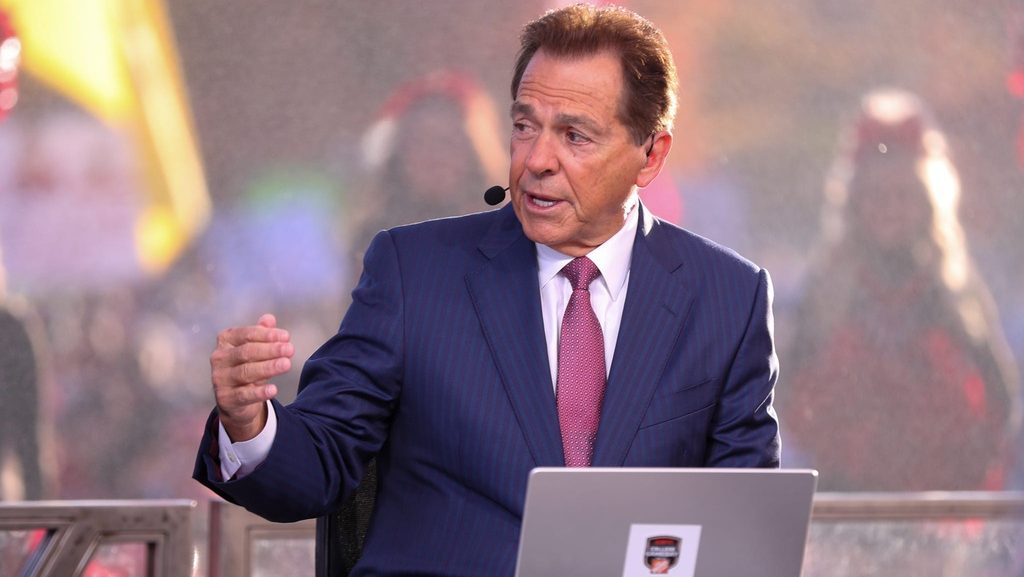 Former Alabama head coach Nick Saban discusses the Texas Tech football game vs. BYU on College GameDay, Saturday, Nov. 8, 2025, at Jones AT&T Stadium.