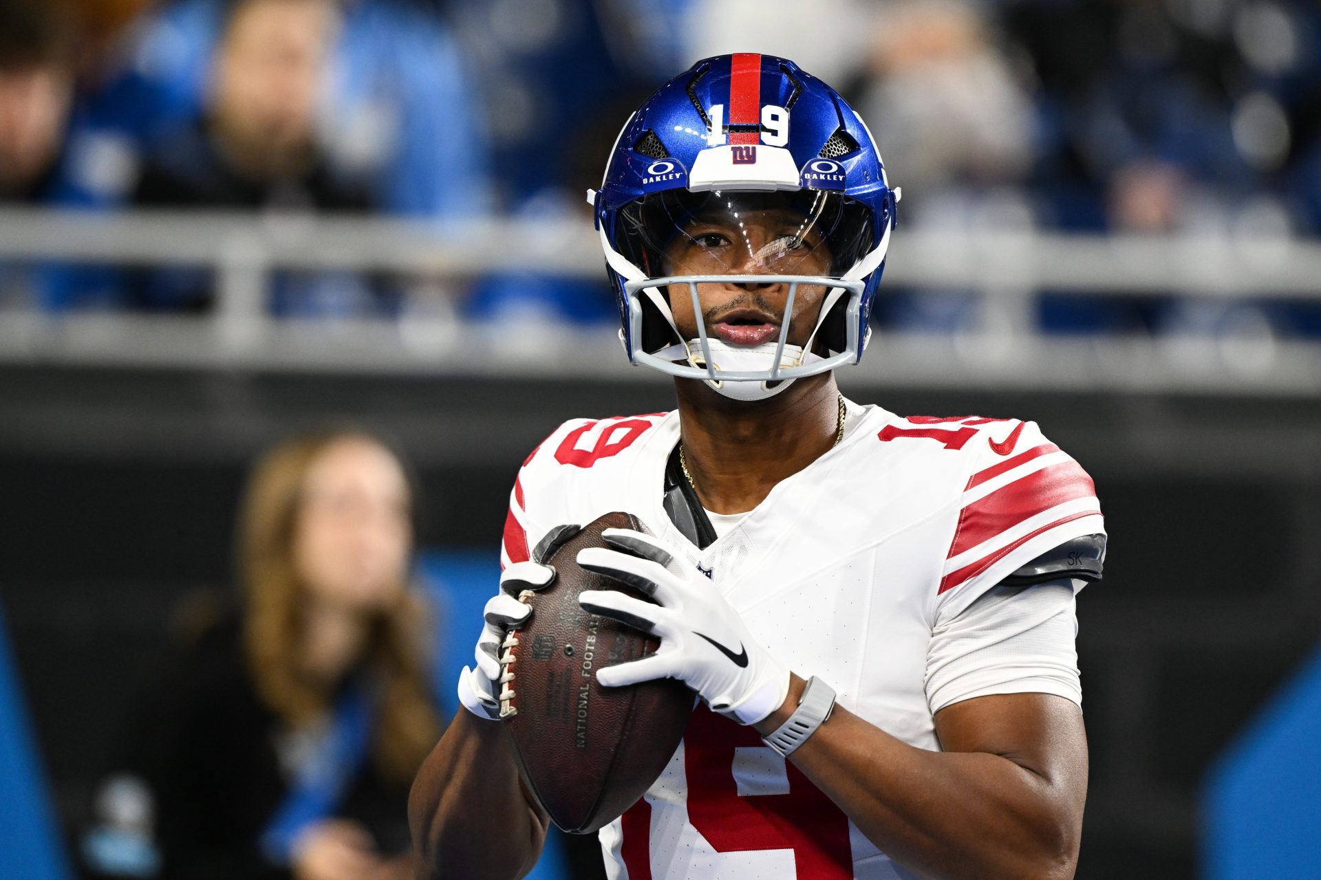 Nov 23, 2025; Detroit, Michigan, USA; New York Giants quarterback Jameis Winston (19) warms up before the game against the Detroit Lions at Ford Field.