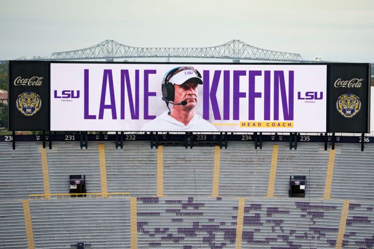 Dec 1, 2025; Baton Rouge, LA, USA; A sign is seen before a press conference by LSU new head coach Lane Kiffin at South Stadium Club at Tiger Stadium.