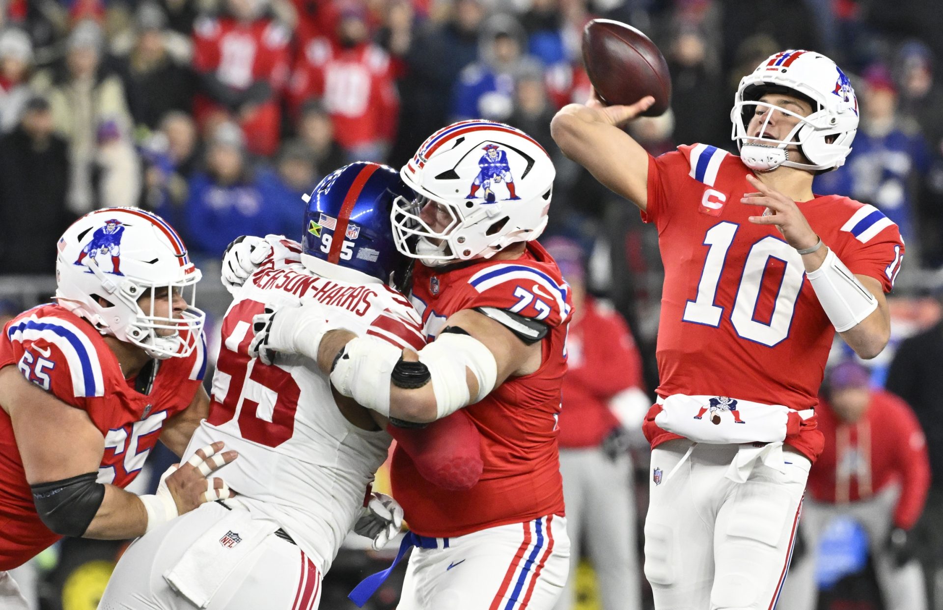 Dec 1, 2025; Foxborough, Massachusetts, USA; New England Patriots quarterback Drake Maye (10) throws a pass during the first quarter against the New York Giants at Gillette Stadium.