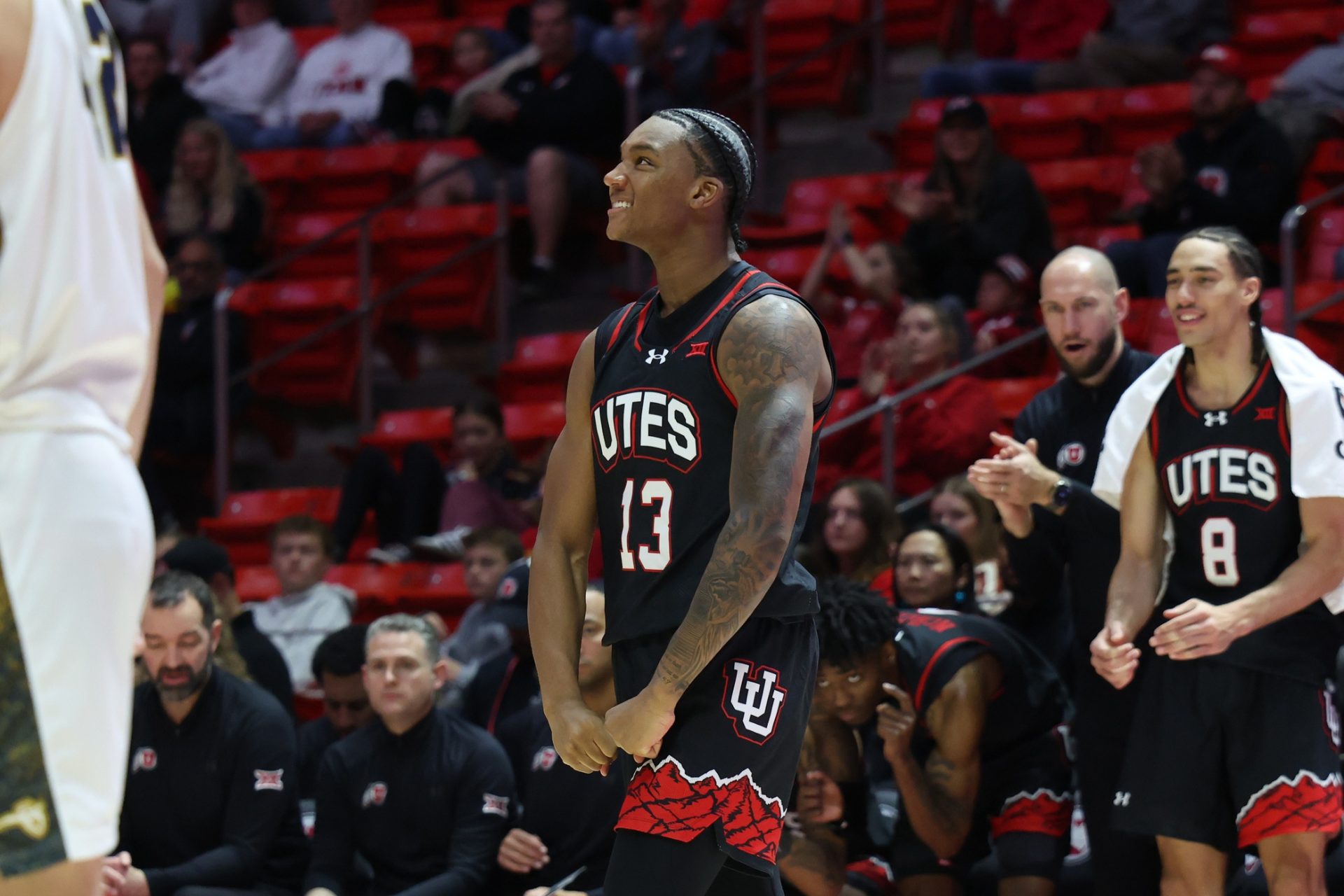 Dec 6, 2025; Salt Lake City, Utah, USA; Utah Utes forward Kendyl Sanders (13) reacts after a play against the California Baptist Lancers during the second half at Jon M. Huntsman Center.
