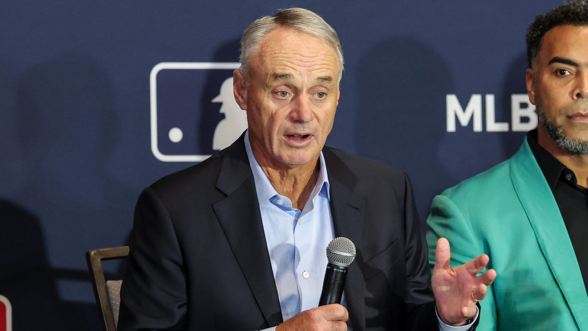 Dec 8, 2025; Orlando, FL, USA; MLB Commissioner Rob Manfred speaks with the media during the 2025 MLB Winter Meetings at Signia by Hilton Hotel