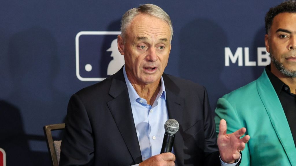 Dec 8, 2025; Orlando, FL, USA; MLB Commissioner Rob Manfred speaks with the media during the 2025 MLB Winter Meetings at Signia by Hilton Hotel