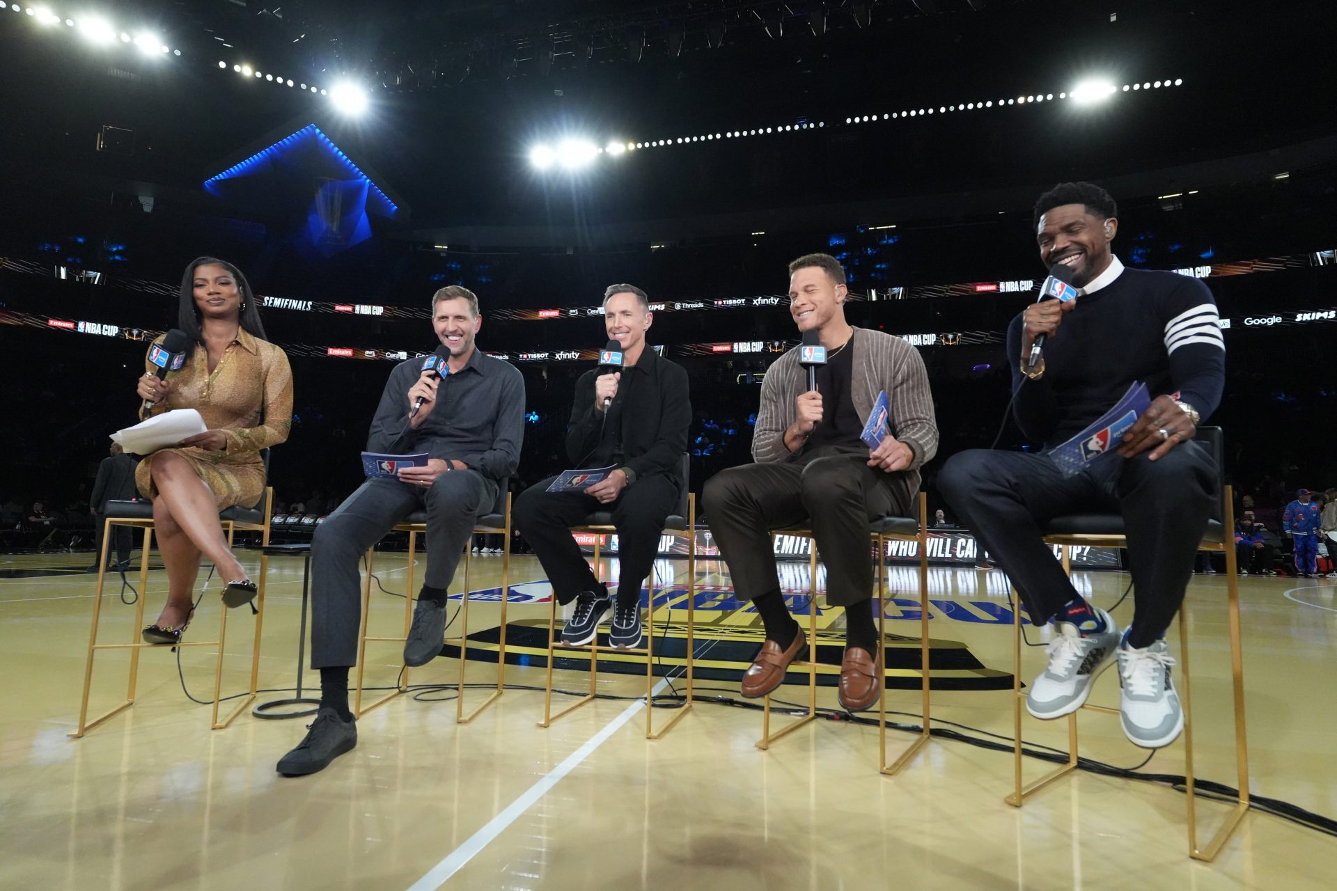 Dec 13, 2025; Las Vegas, Nevada, USA; NBA on Amazon announcers (from left) Taylor Rooks, Dirk Nowitzki, Steve Nash, Blake Griffin and Udonis Haslem during the Emirates NBA Cup semifinals at T-Mobile Arena.
