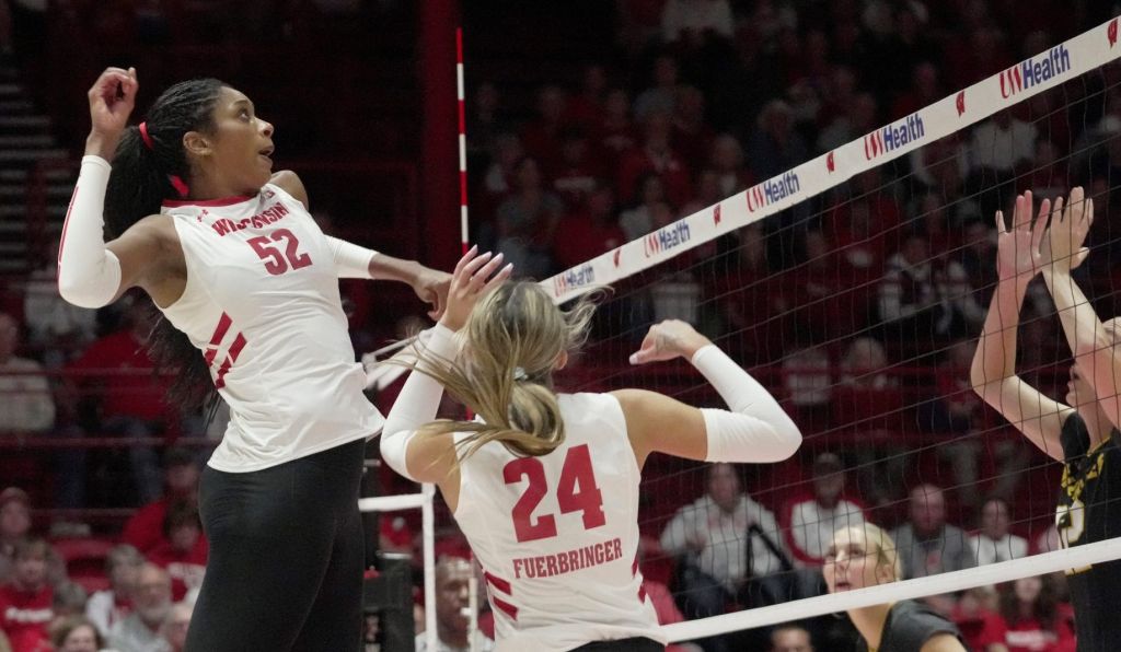 Wisconsin middle blocker Carter Booth (52) is shown during their volleyball match Tuesday, September 9, 2025, at the Wisconsin Field House in Madison, Wisconsin. Wisconsin beat UW-Milwaukee 3-0.