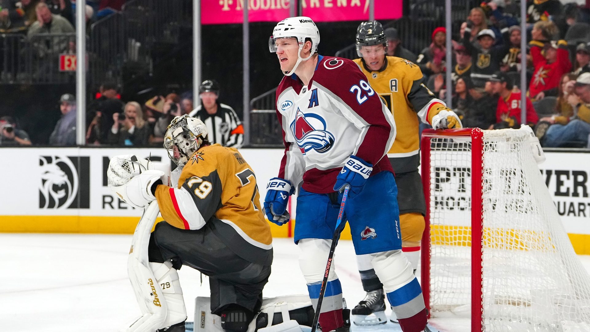 Dec 27, 2025; Las Vegas, Nevada, USA; Colorado Avalanche center Nathan MacKinnon (29) celebrates after scoring a goal against the Vegas Golden Knights during the third period at T-Mobile Arena.