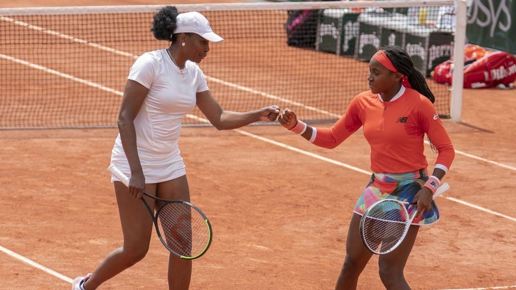 Jun 2, 2021; Paris, France; Venus Williams (USA) and Coco Gauff (USA) in their doubles match on day four of the French Open at Stade Roland Garros