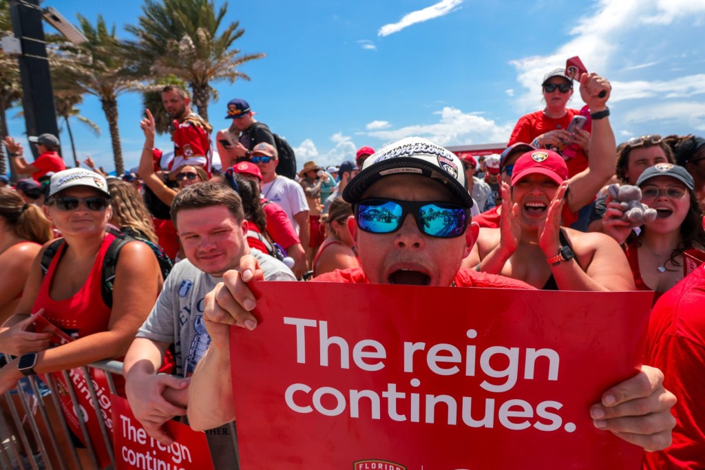 Jun 22, 2025; Fort Lauderdale, Florida, UNITED STATES; Florida Panthers fans celebrate during the Stanley Cup championship parade and rally