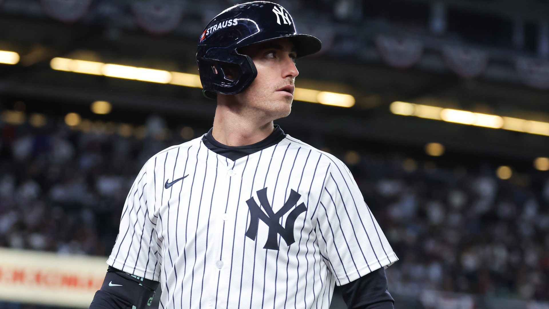 Oct 1, 2025; Bronx, New York, USA; New York Yankees left fielder Cody Bellinger (35) reacts after flying out during the third inning against the Boston Red Sox during game two of the Wildcard round for the 2025 MLB playoffs at Yankee Stadium.