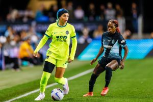 Nov 22, 2025; San Jose, California, USA; Washington Spirit forward Trinity Rodman (2) looks to pass against Gotham FC during the second half at PayPal Park.
