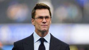 Dec 14, 2025; Inglewood, California, USA; Fox broadcaster Tom Brady is seen prior to the game between the Detroit Lions and the Los Angeles Rams at SoFi Stadium.