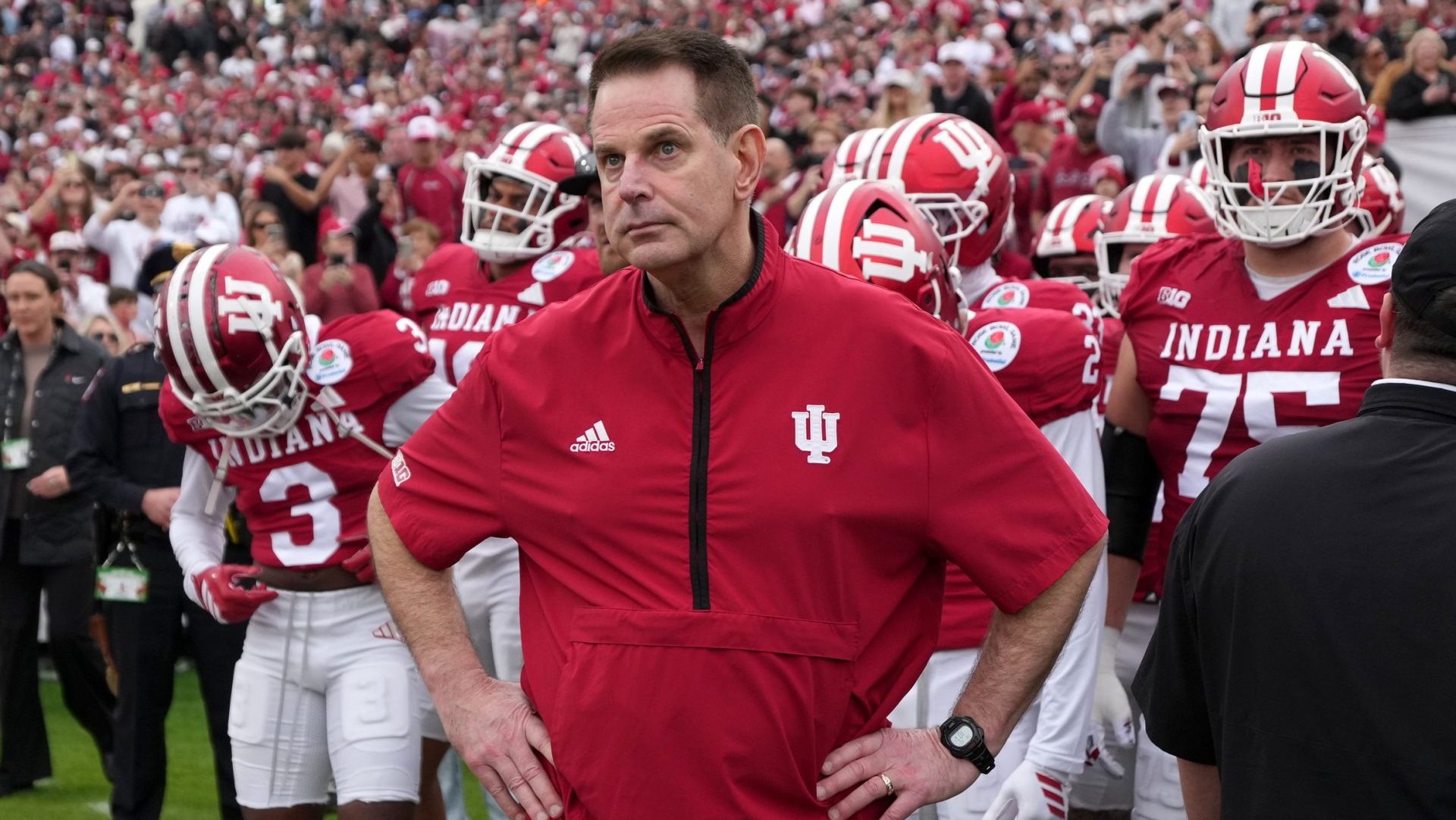 Jan 1, 2026; Pasadena, CA, USA; Indiana Hoosiers head coach Curt Cignetti looks on before the 2026 Rose Bowl and quarterfinal game of the College Football Playoff against the Alabama Crimson Tide at Rose Bowl Stadium. Mandatory Credit: