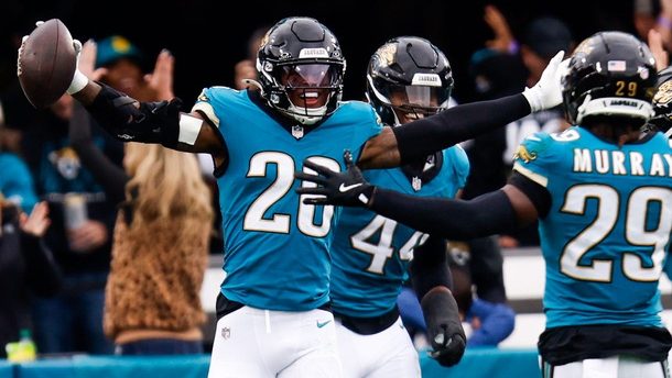 Jacksonville Jaguars safety Antonio Johnson (26) celebrates a pick six during the second quarter in an NFL football matchup at EverBank Stadium, Sunday, Jan. 4, 2026, in Jacksonville, Fla.