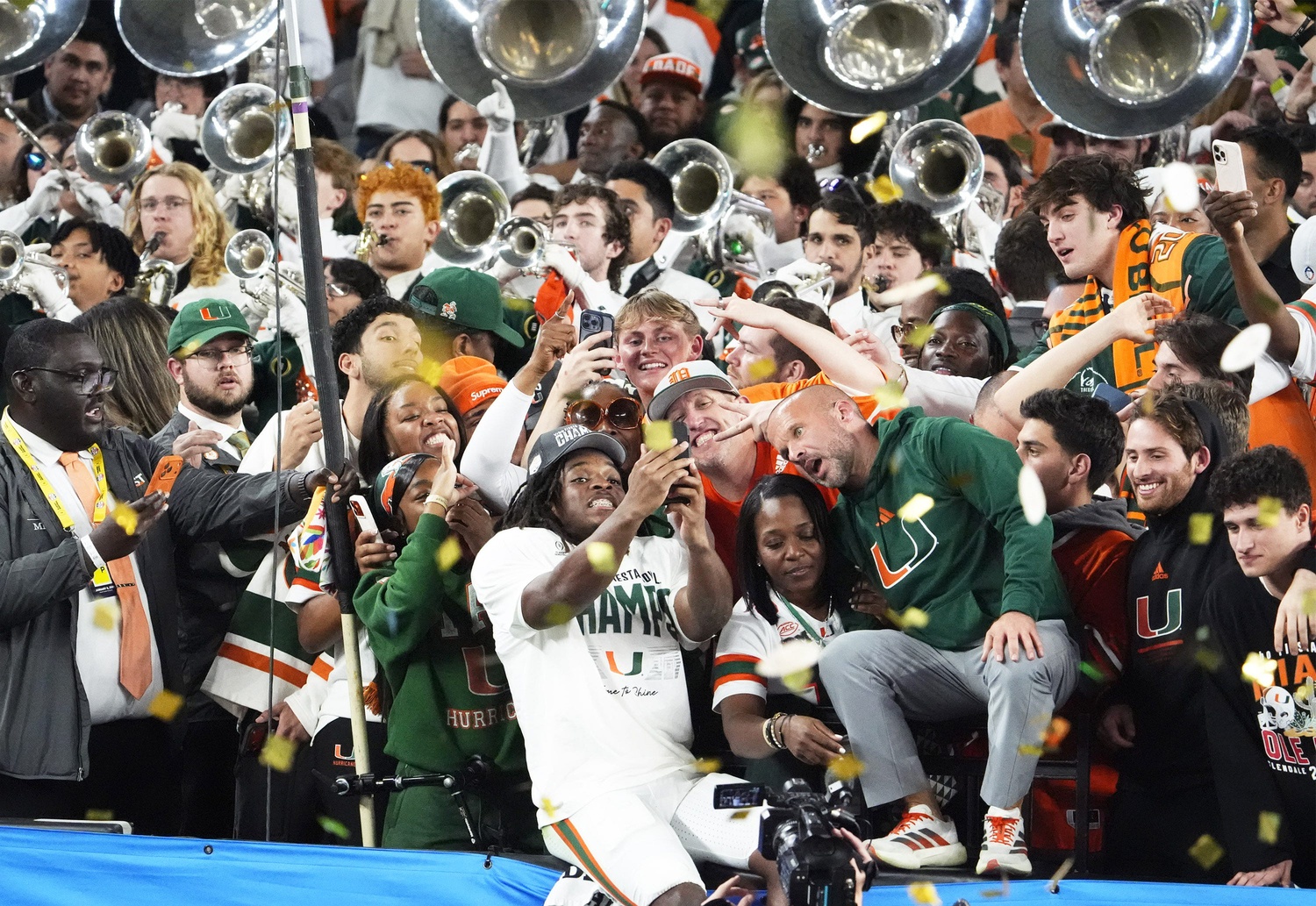 Miami Hurricanes wide receiver Malachi Toney (10) celebrates after defeating the Mississippi Rebels 31-27 during the Vrbo Fiesta Bowl and CFP semifinal game at State Farm Stadium on Jan. 8, 2026, in Glendale.