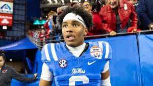 Jan 8, 2026; Glendale, AZ, USA; Detailed view of the jersey of Mississippi Rebels quarterback Trinidad Chambliss (6) against the Miami Hurricanes during the 2026 Fiesta Bowl and semifinal game of the College Football Playoff at State Farm Stadium
