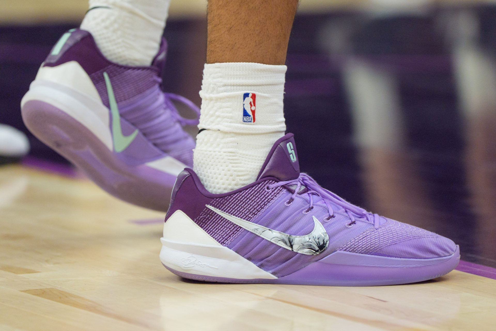 Jan 25, 2026; Minneapolis, Minnesota, USA; Minnesota Timberwolves forward Joan Beringer (19) wears Nike shoes in the fourth quarter of the game against the Golden State Warriors at Target Center.