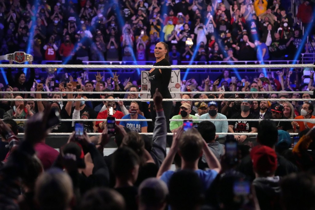 Jan 29, 2022; St. Louis, MO, USA; Ronda Rousey celebrates after winning the women’s Royal Rumble match during the Royal Rumble at The Dome at America's Center.