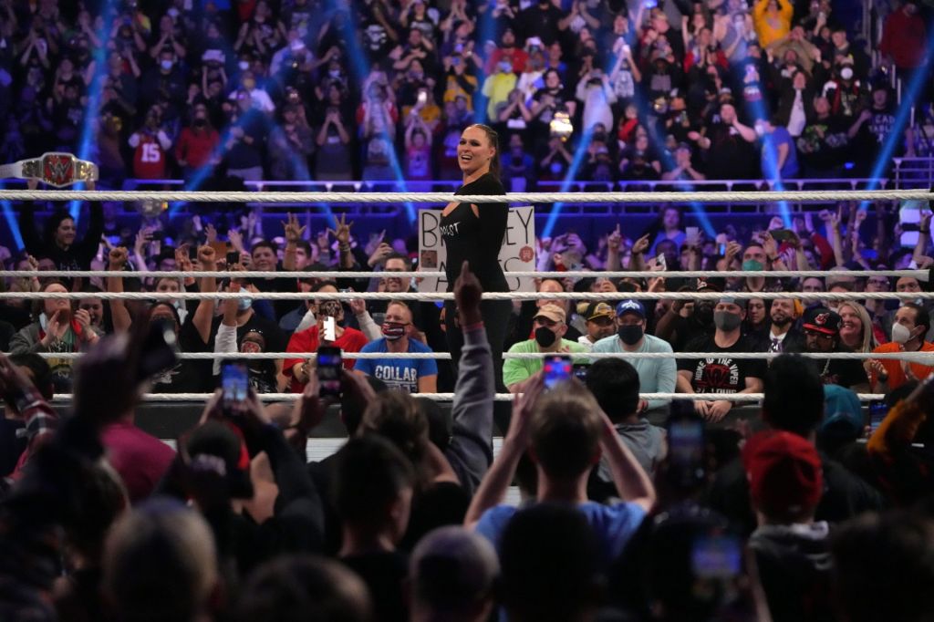 Jan 29, 2022; St. Louis, MO, USA; Ronda Rousey celebrates after winning the women’s Royal Rumble match during the Royal Rumble at The Dome at America's Center.