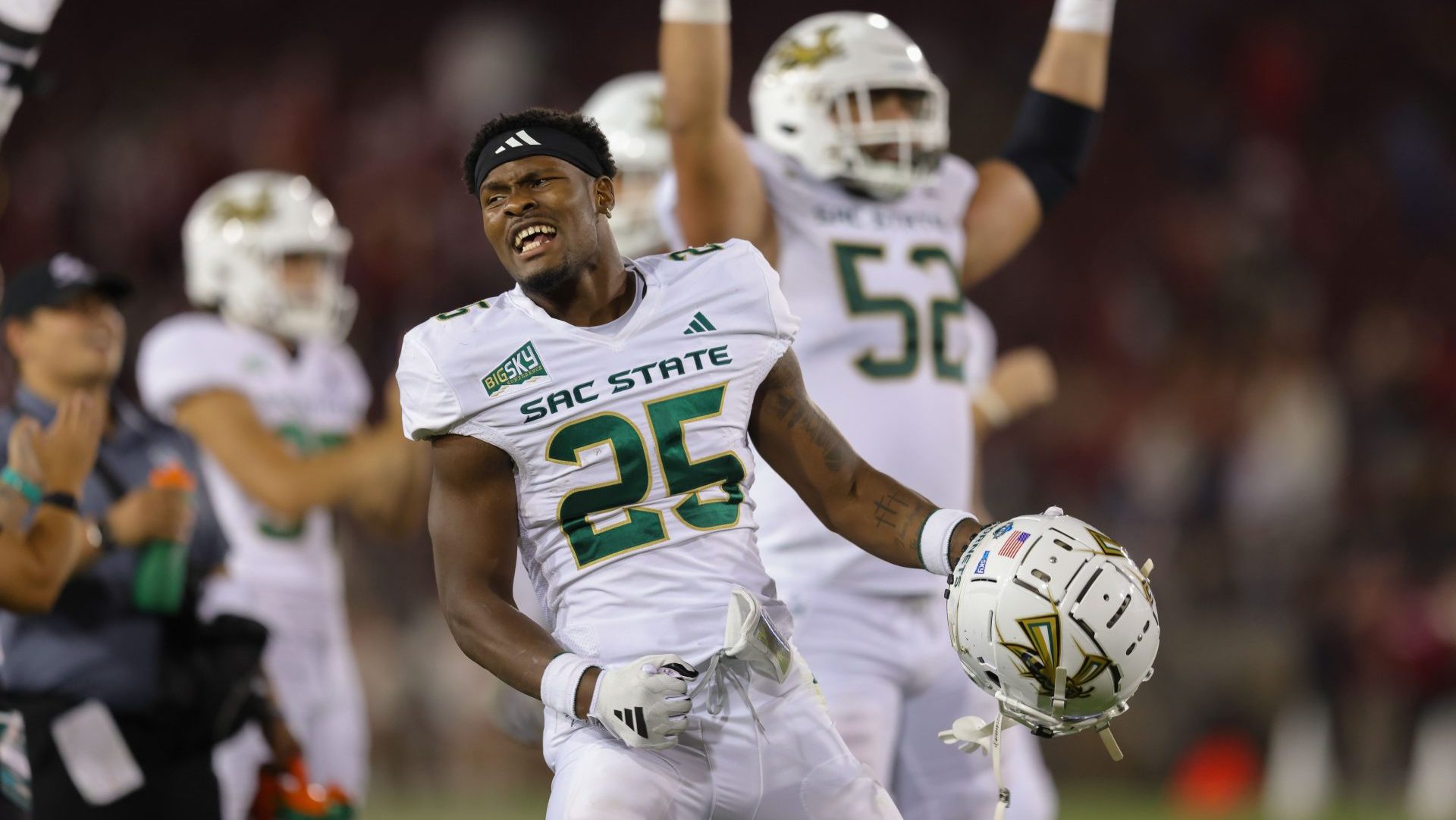 Sep 16, 2023; Stanford, California, USA; Sacramento State Hornets running back Elijah Tau-Tolliver (25) celebrates after a touchdown during the fourth quarter against the Stanford Cardinal at Stanford Stadium