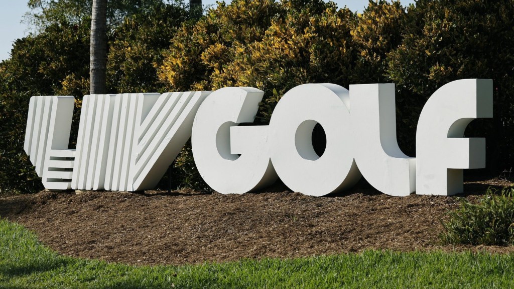 Apr 6, 2024; Miami, Florida, USA; The LIV Golf logo is on display along the 10th hole during the second round of LIV Golf Miami golf tournament at Trump National Doral. Mandatory Credit: Reinhold Matay-USA TODAY Sports