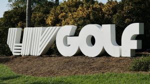Apr 6, 2024; Miami, Florida, USA; The LIV Golf logo is on display along the 10th hole during the second round of LIV Golf Miami golf tournament at Trump National Doral. Mandatory Credit: Reinhold Matay-USA TODAY Sports