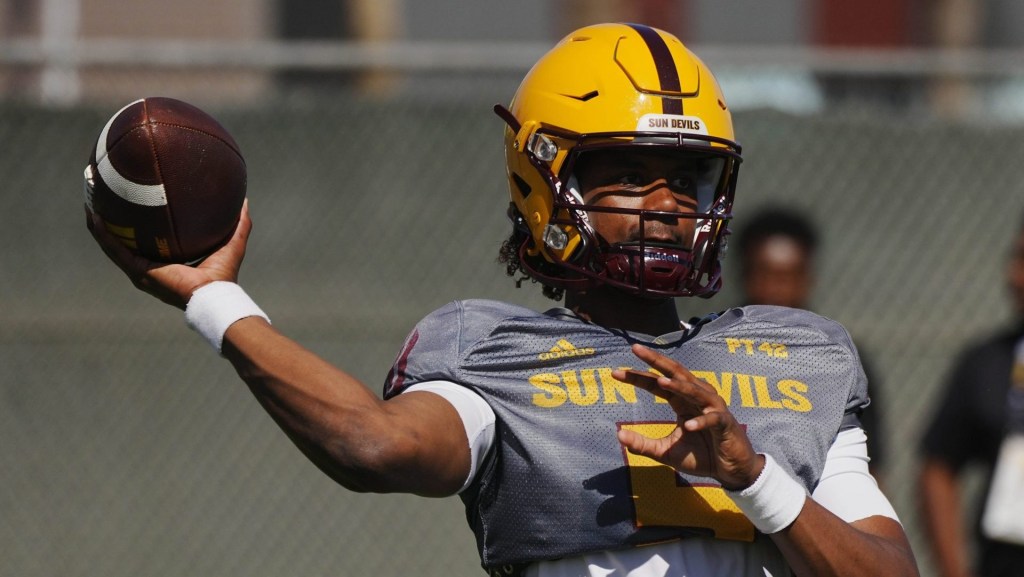 ASU quarterback Jaden Rashada (5) throws a pass during a spring practice at the Kajikawa practice fields in Tempe on April 16, 2024.