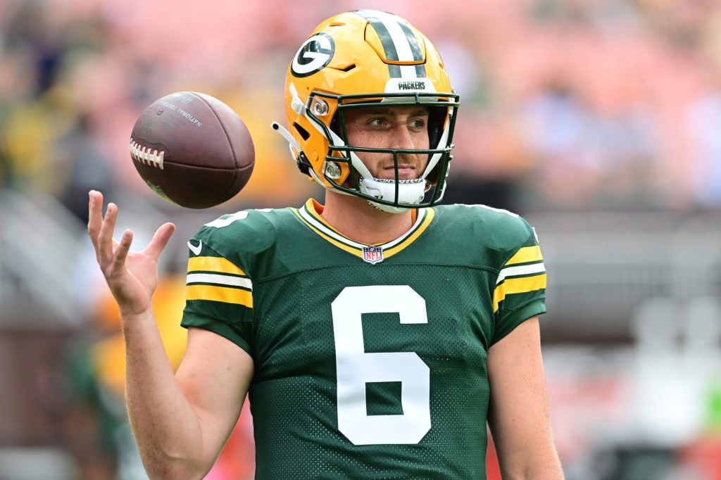 Aug 10, 2024; Cleveland, Ohio, USA; Green Bay Packers quarterback Sean Clifford (6) before the game against the Cleveland Browns at Cleveland Browns Stadium