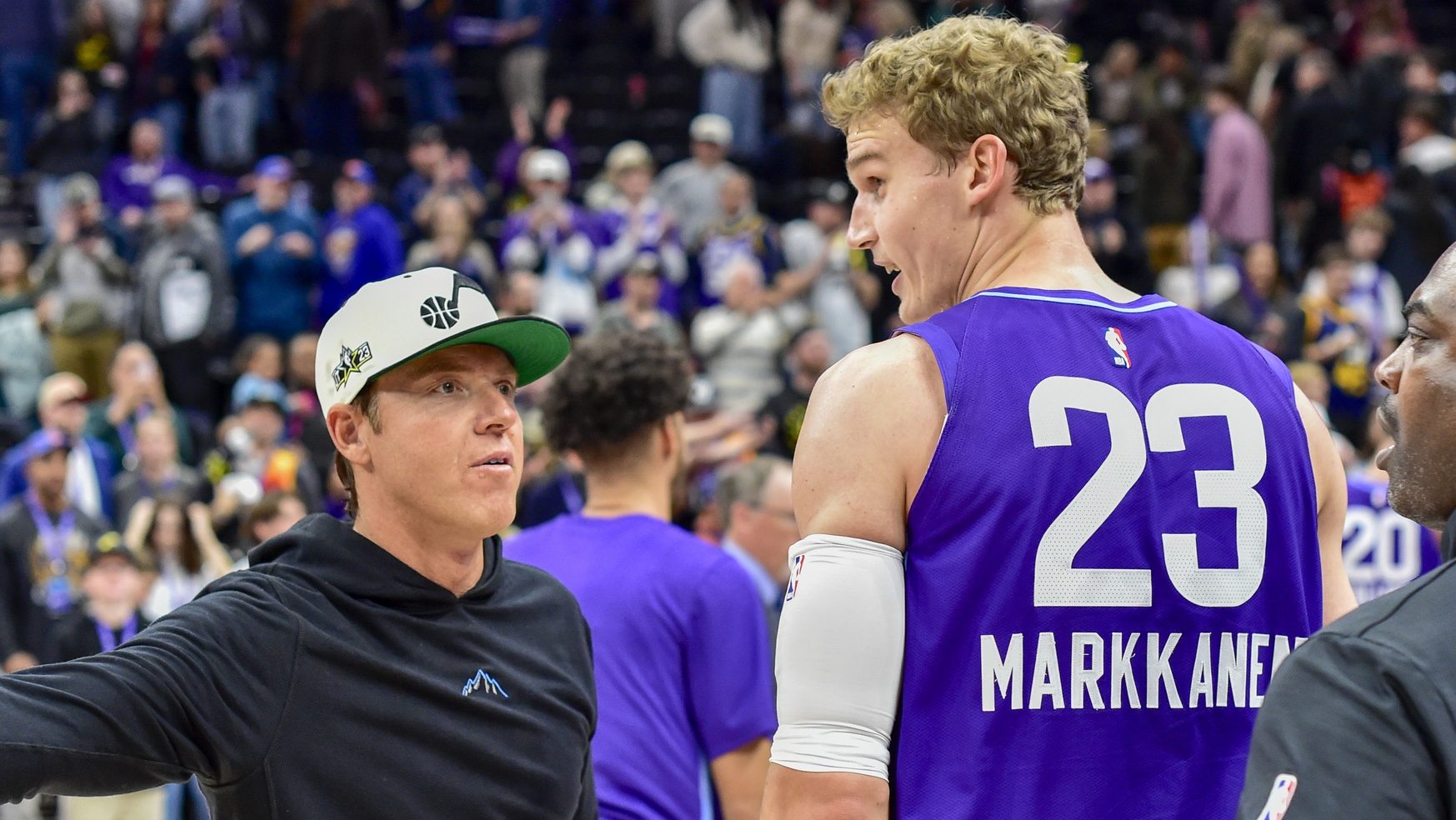 Nov 23, 2024; Salt Lake City, Utah, USA; Utah Jazz forward/center Lauri Markkanen (23) and Ryan Smith after a game against the New York Knicks at the Delta Center.