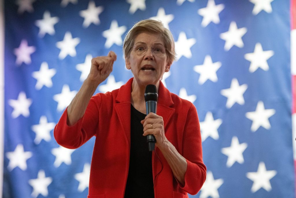 U.S. Sen. Elizabeth Warren, D-Mass., makes a point during her town hall Saturday at Nevins Hall in Framingham's Memorial Building, Feb. 22, 2025. Warren discussed her thoughts on the Trump administration's recent actions and how she plans to fight back against policies that she feels hurt Massachusetts families.